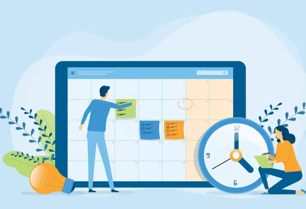 Flat vector illustration design Business planning concept and Business people team working with digital online calendar Flat vector illustration design Business planning concept and Business people team working with digital online calendar